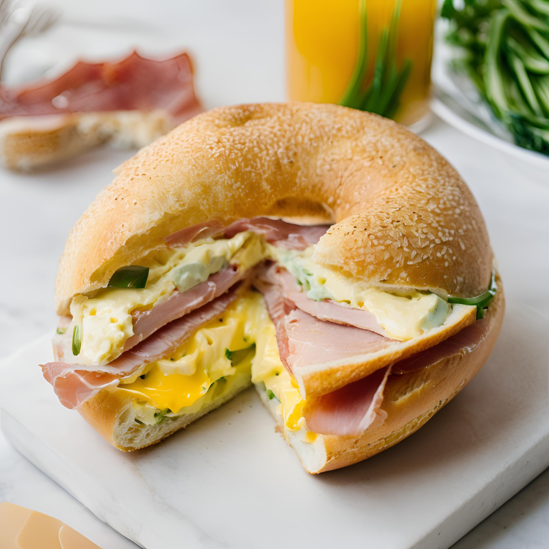 Bagel L'American : Omelette, Jambon et Cheddar – Idéal pour un Brunch Gourmand