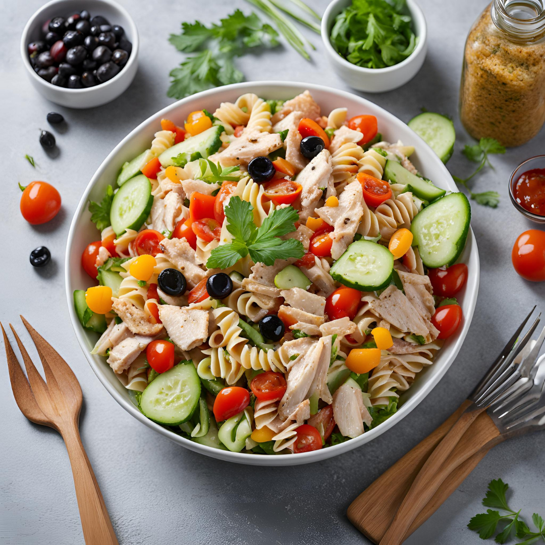 Salade de Pâtes Complètes au Poulet et Légumes Croquants