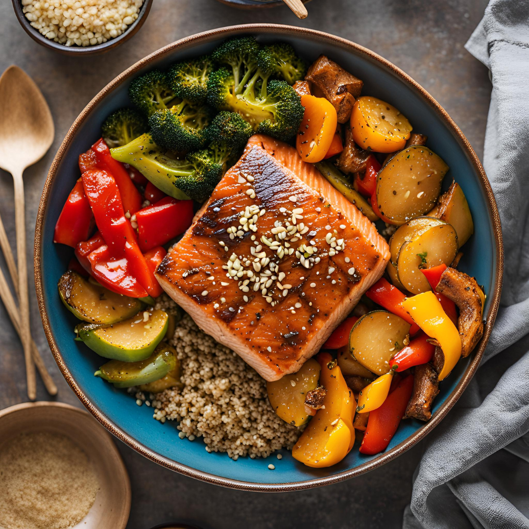 Bowl de Saumon Teriyaki & Quinoa avec Légumes Rôtis – Recette Saine et Délicieuse