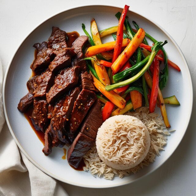 Bœuf Mariné, Poêlée de Légumes et Riz