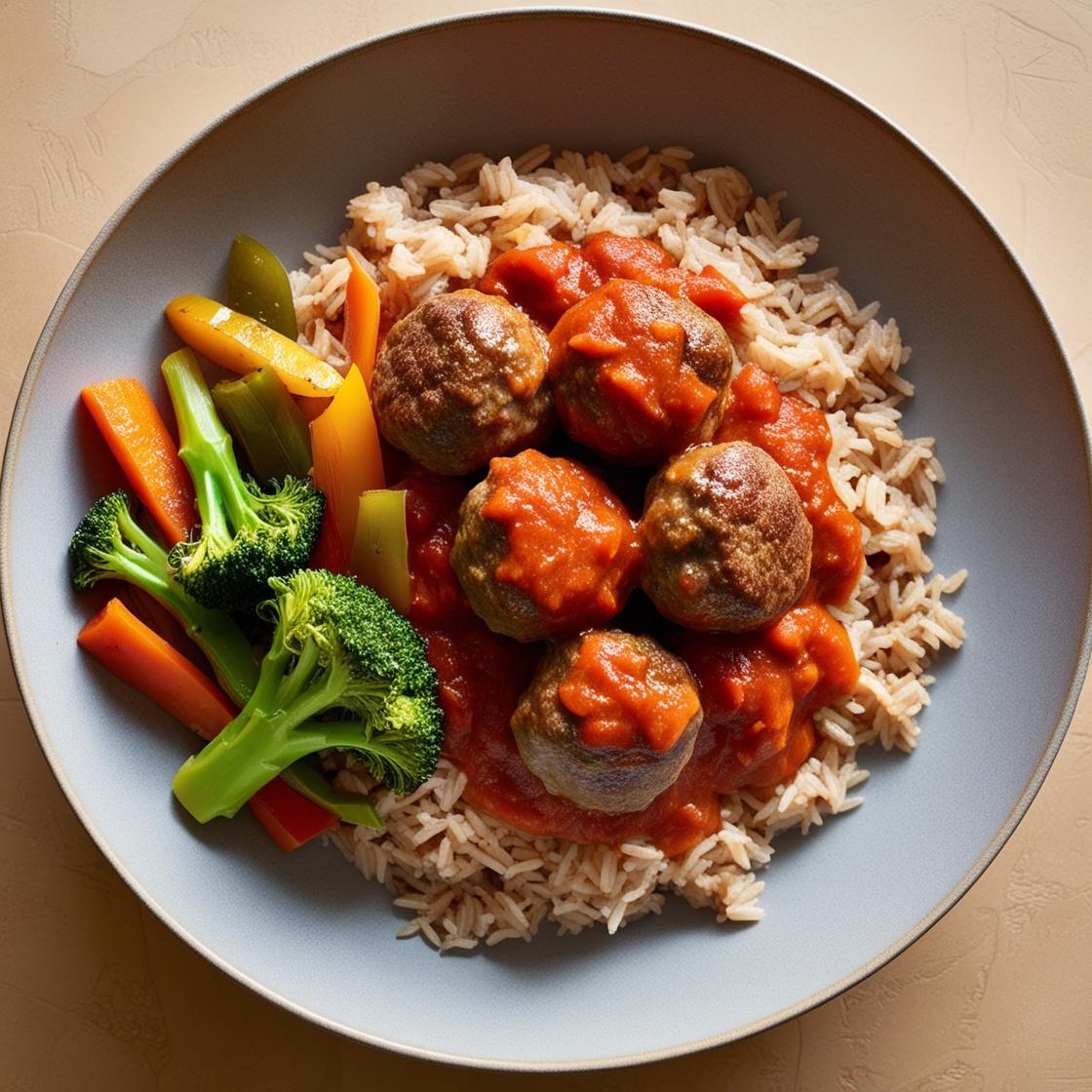 Boulettes de Bœuf Sauce Tomate, Riz Complet & Légumes