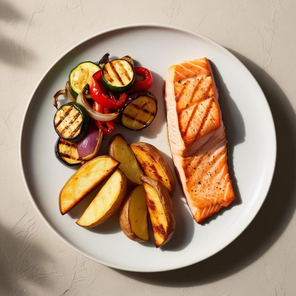 Filet de Saumon avec Légumes Grillés & Pommes de Terre