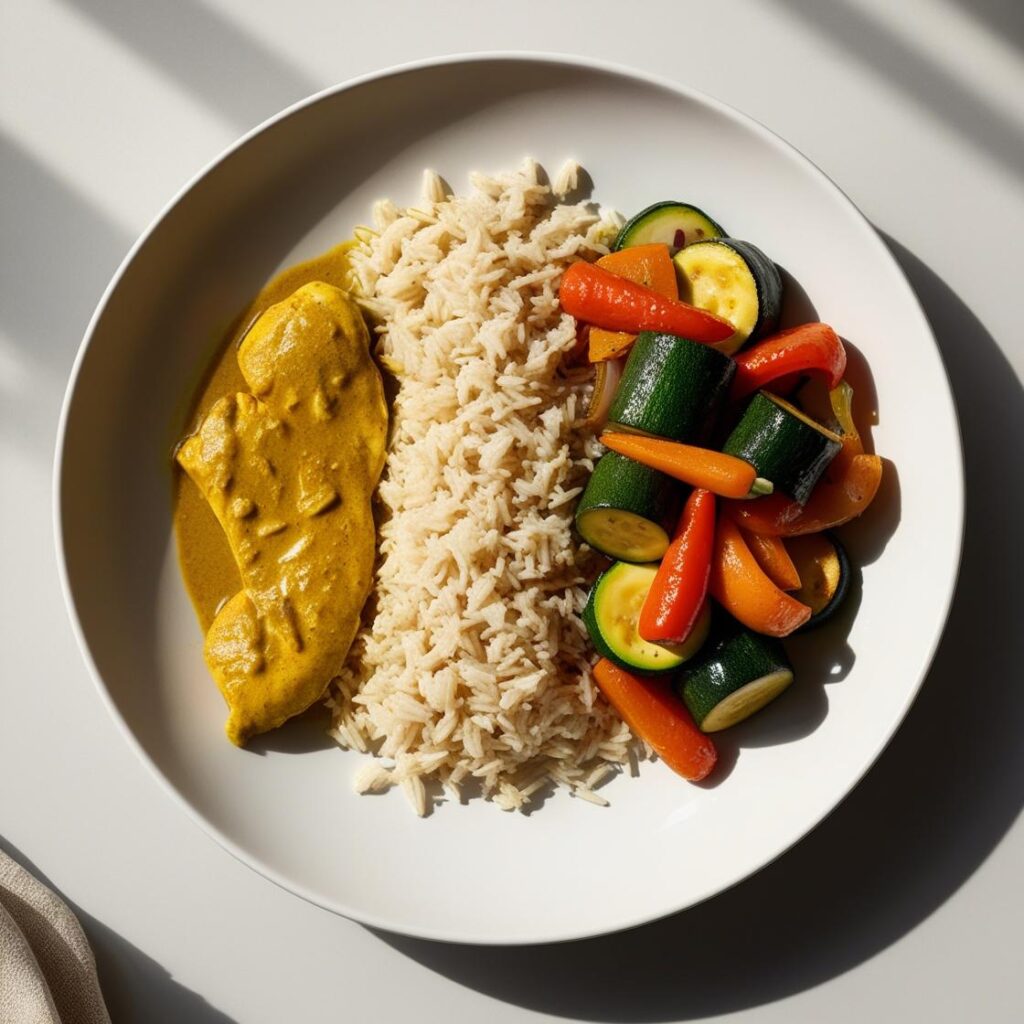 poulet au curry doux légumes sautés riz complet