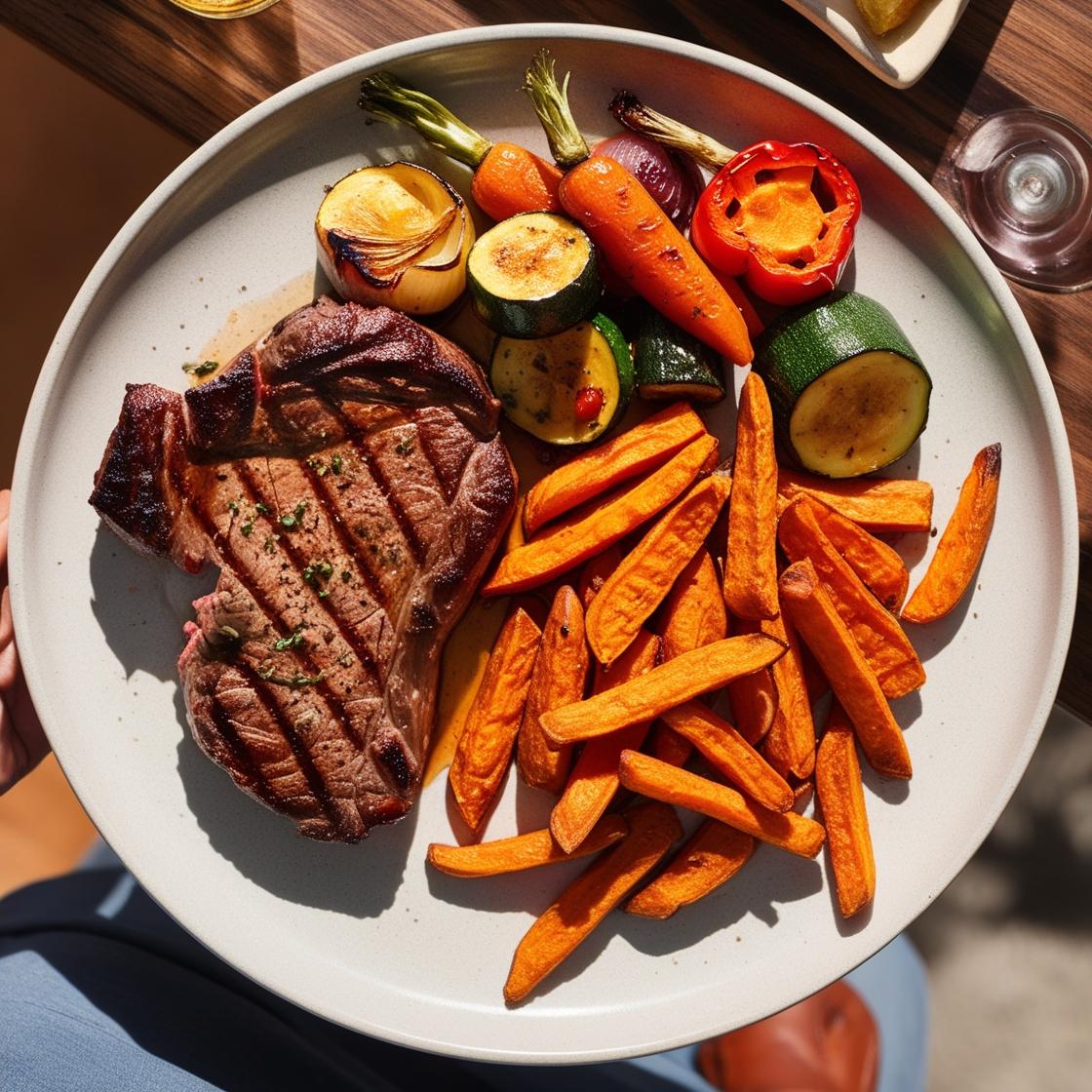 Recette de Steak Grillé, Frites de Patate Douce & Légumes Rôtis