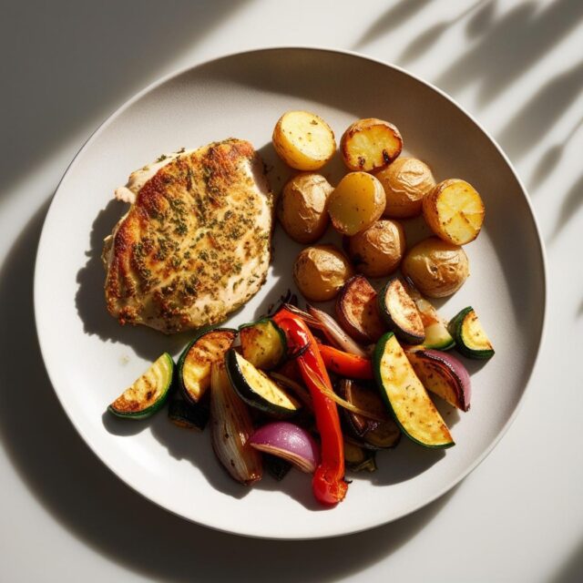 poulet aux herbes pommes de terre rôties légumes