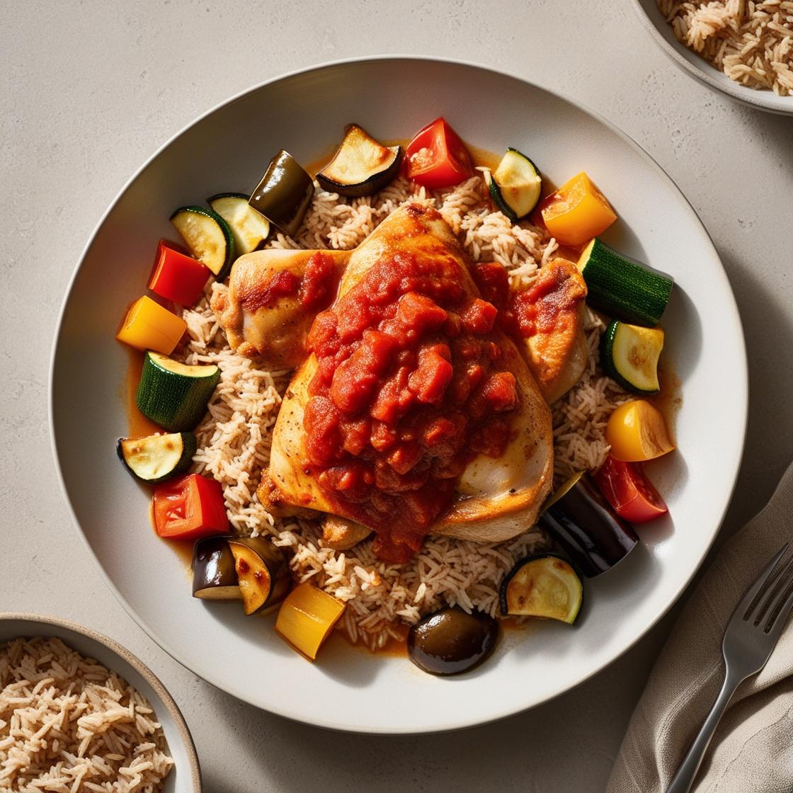 Poulet en Sauce Tomate avec Riz Complet & Légumes Méditerranéens – Recette Équilibrée et Simple